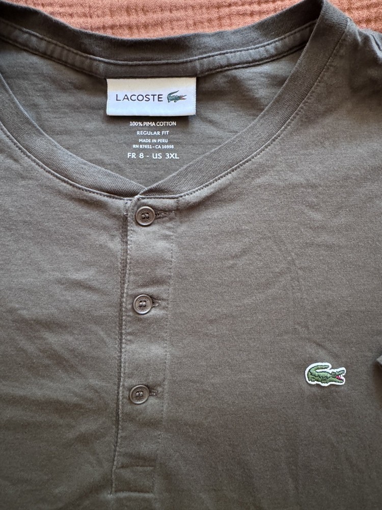 Lacoste Men’s Henley T-Shirt 3XL Dark Green Pima Cotton Logo Tee Short Sleeve
