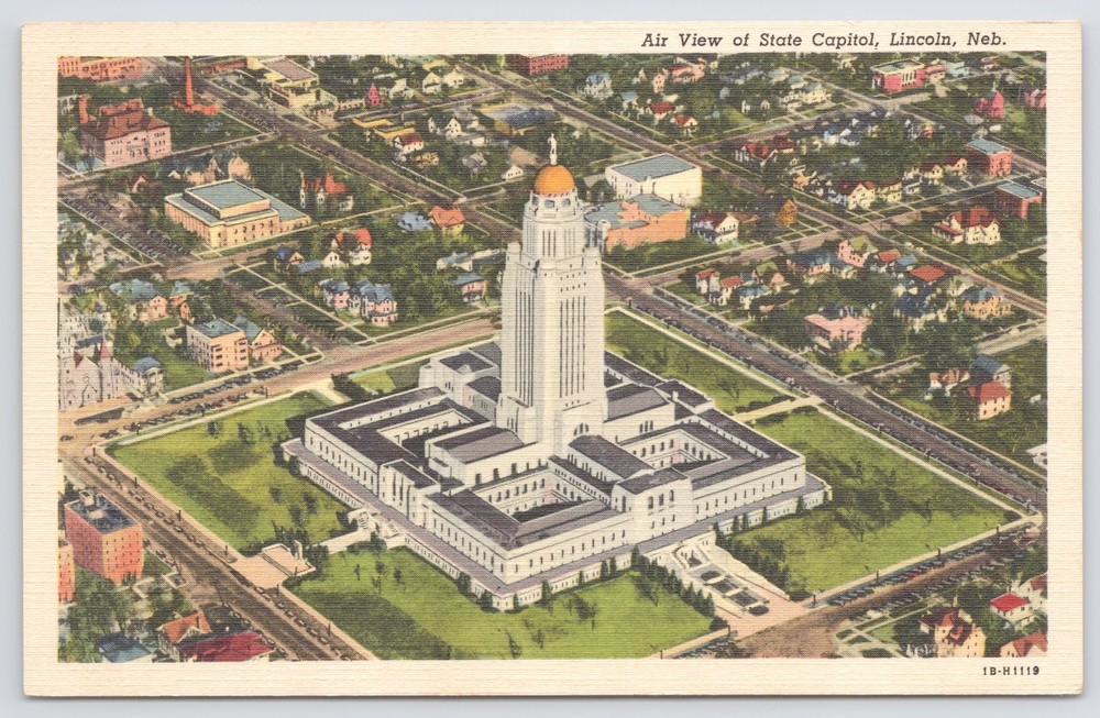 Linen~Air View State Capitol Building Lincoln Nebraska~Vintage Postcard