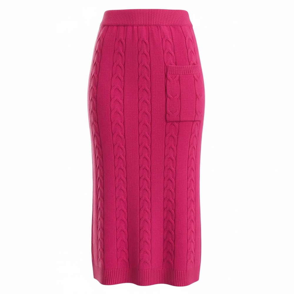 Women's Pink Cable Knit Midi Skirt Elastic Waist Ribbed Pencil Sweater Skirt