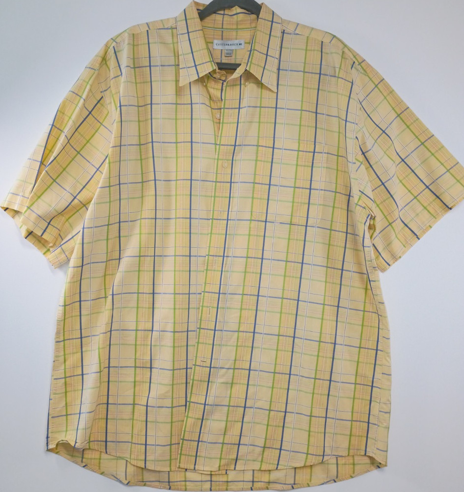Cutter & Buck XXL Plaid Short Sleeve Button-Up Shirt Yellow Green Cotton