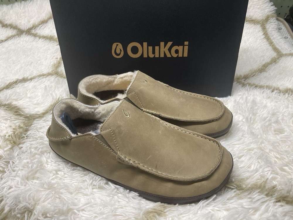 🧡Olukai Moloa Men's Size 11 Clay/Dark Jave Leather Shearling Slippers Fast Ship