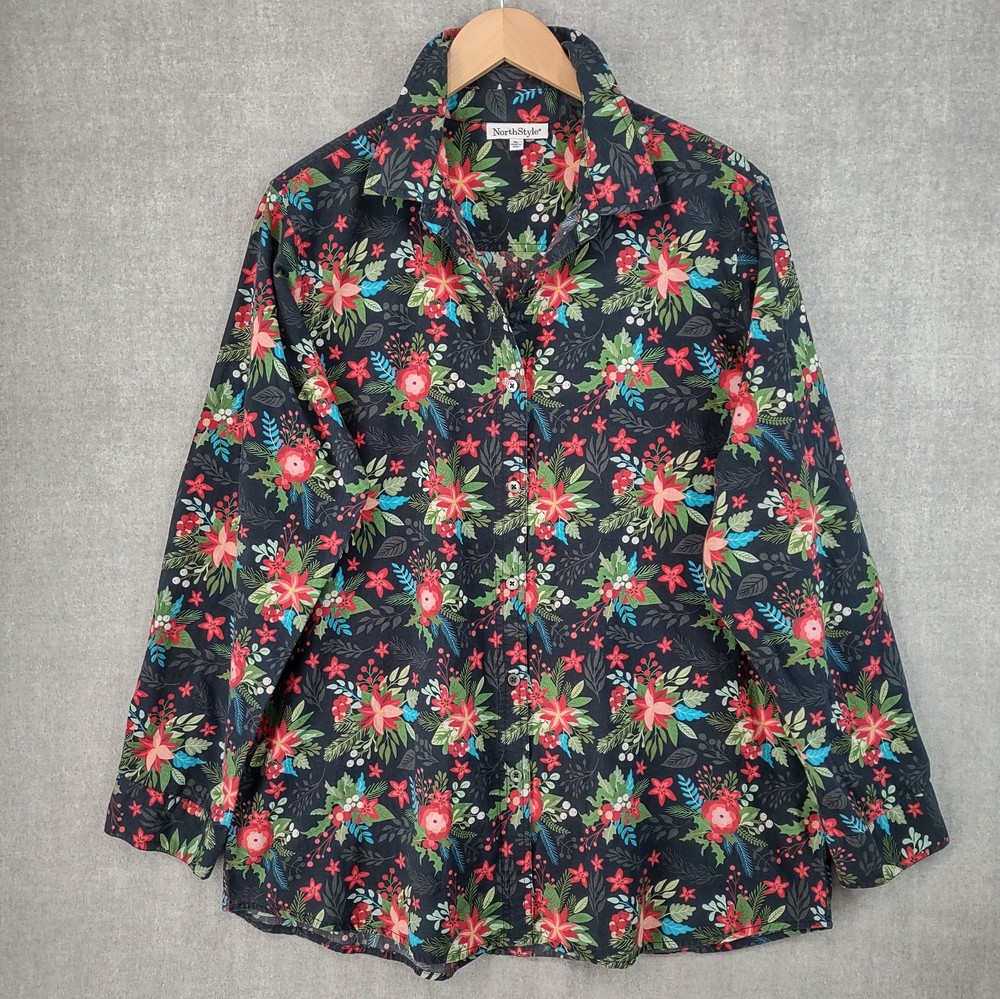 NorthStyle Top Womens XL Black Floral Chambray Button Up Long Sleeve Holiday