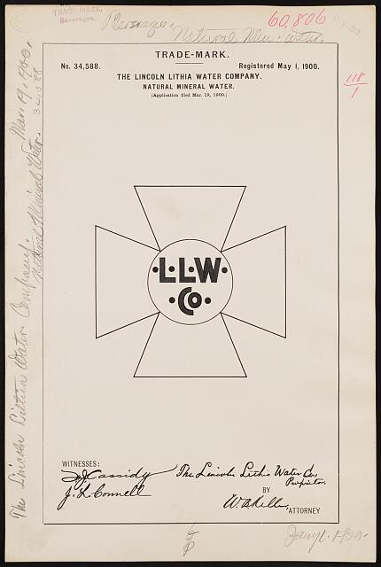 Lincoln Lithia Water Co Trademark L.L.W. Co Natural Mineral Water 1900