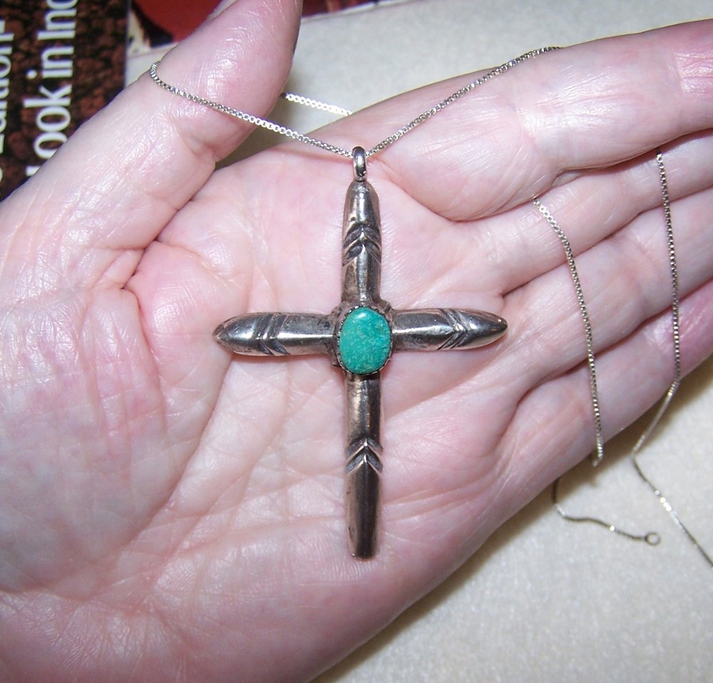 NATIVE AMERICAN Navajo Sterling Silver Turquoise Sandcast Cross Pendant