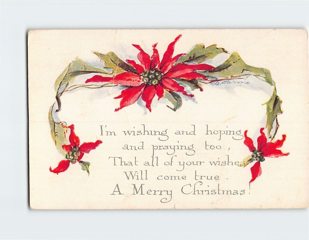 Postcard Merry Christmas Greeting Card Poinsettia Flower Art Print