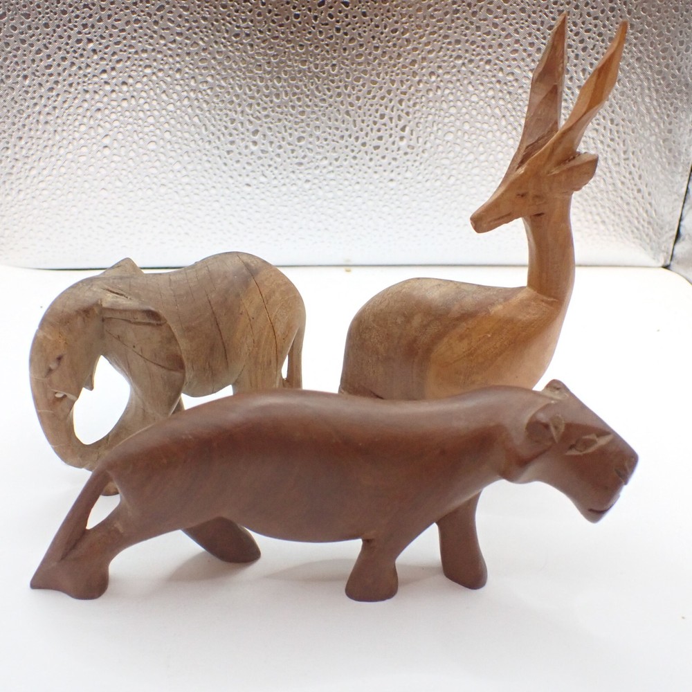 3 Pcs Lot African Hand Carved Handmade Wood Animal Carvings Statue Safari Estate