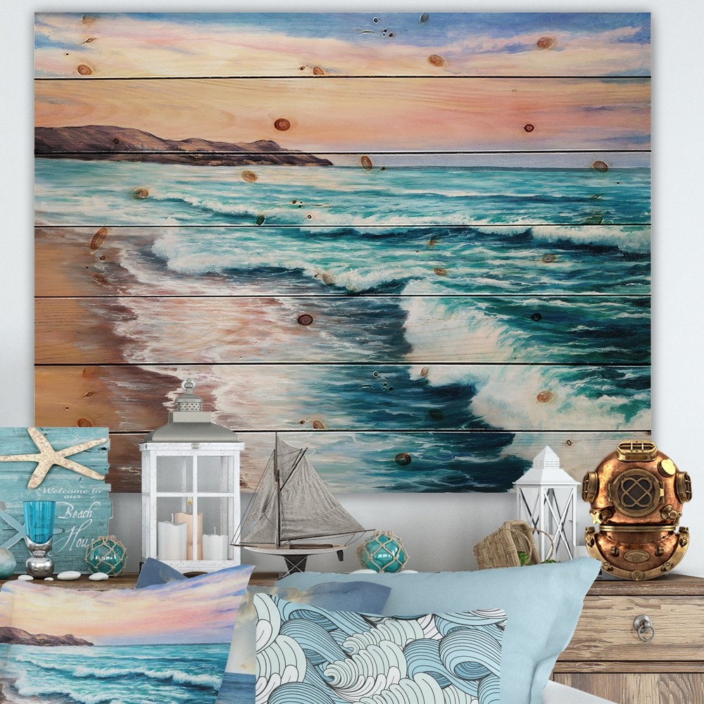 Designart 'Pastel Purple Sunset Over Incoming Ocean II'