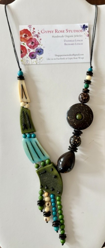 Handmade Tagua Nut Palm Necklace Adjustable Tropical Seed Pod Wood Abstract Design-image
