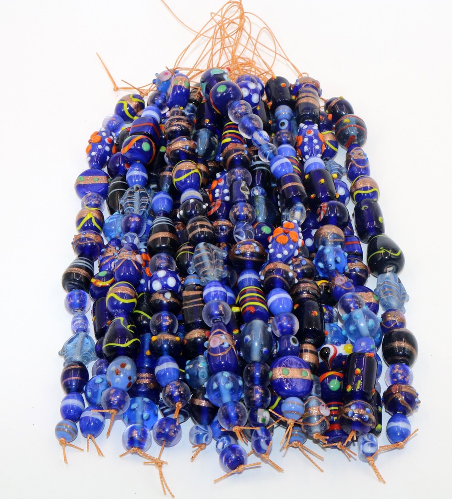 10 Strands Lamp Work Glass Beads, Blue color multi shape Fancy Glass Beads.
