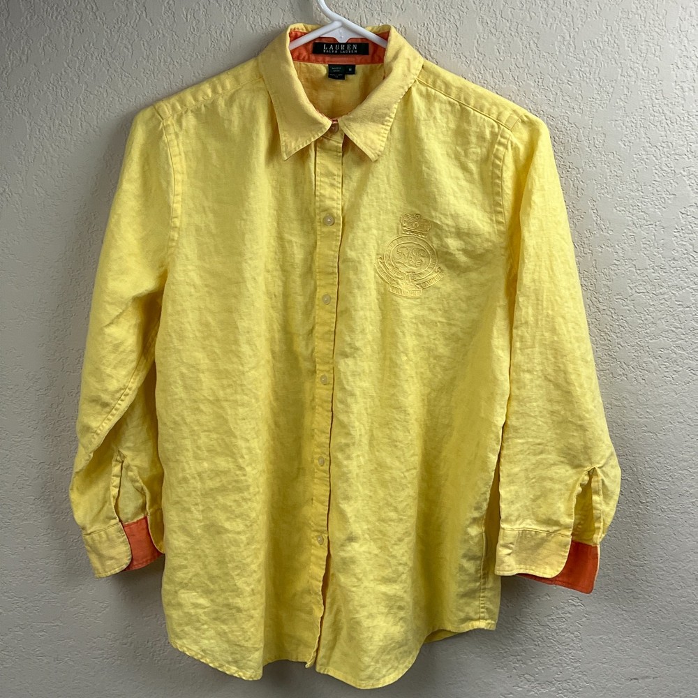 Ralph Lauren Shirt Women's Medium Yellow 100% Linen Button French Cuff Monogram*