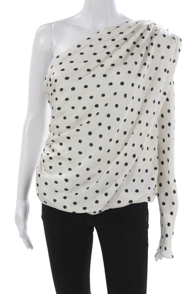 Zara Women One Shoulder Polka Dot Blouse White Long Sleeve Zip Size XLFree Shipping in US $100+ Orders | $6.95 Orders Below