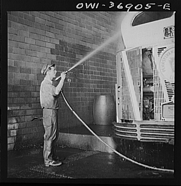 Photo:Pittsburgh Pennsylvania 1940s Bus Serviceman Washing Bus