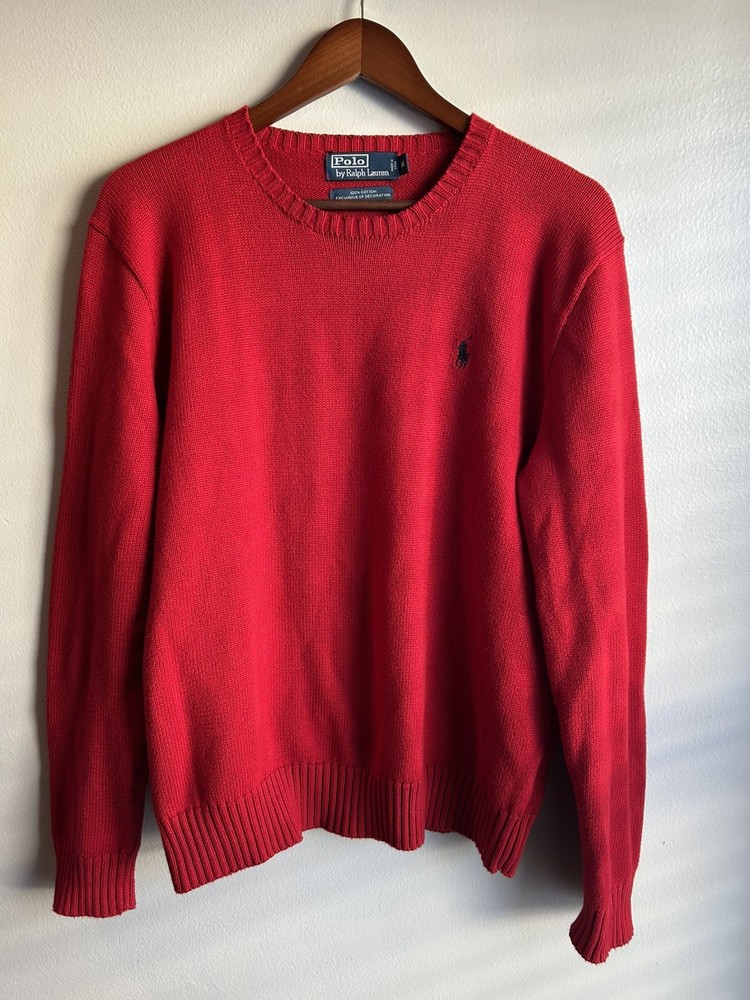 Polo Ralph Lauren Sweater Mens Medium Red Crew Neck Pullover Cotton Knit