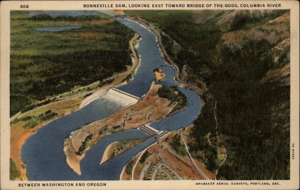 Bonneville Dam Looking East Toward Bridge of the Gods Columbia River PC h943
