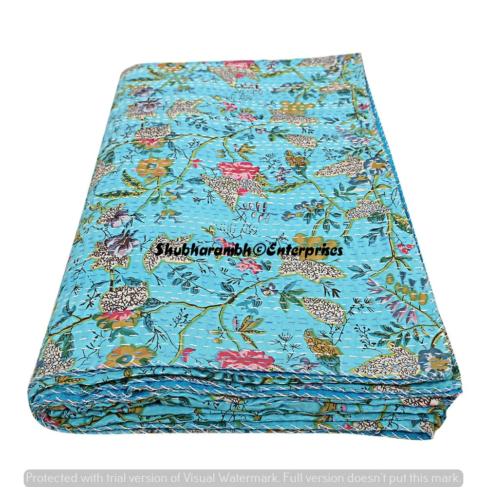 Indian Turquoise Cotton Bedcover Hippie Queen Kantha Quilt Bedding Bedspread