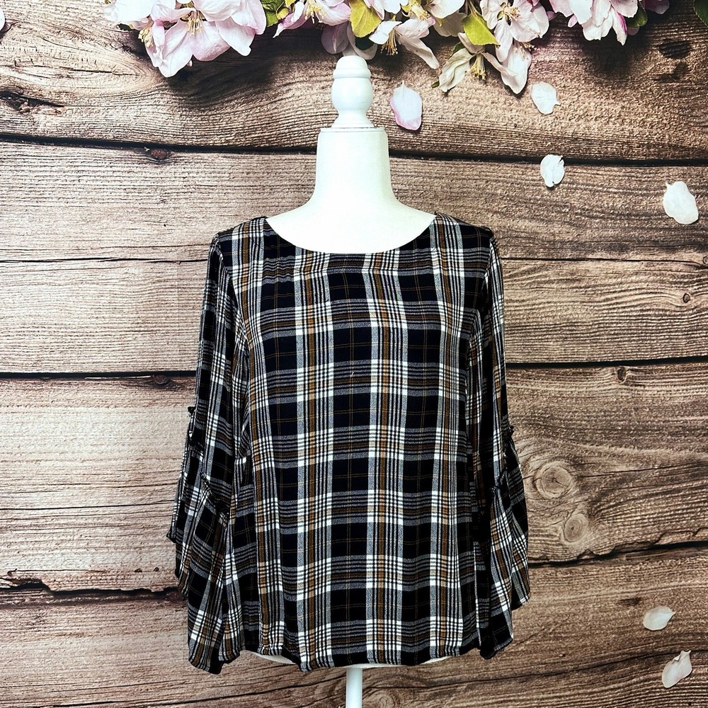 Maurices Women’s Rayon Plaid Printed Bell Dramatic Sleeve Tie Back Blouse