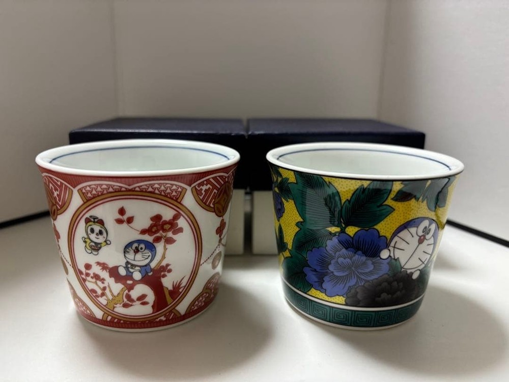 Doraemon Kutani Ware Pottery Choko Set of 2, Ceramic Japanese Cups