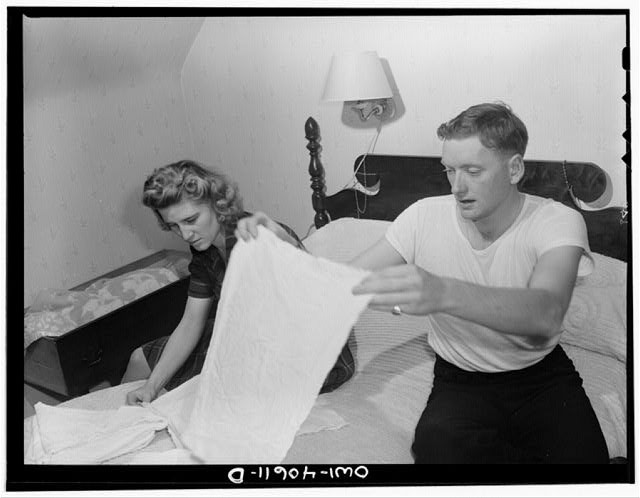 Photo:Washington DC Hugh Massman Wife Folding Diapers 1950s Bedroom Scene