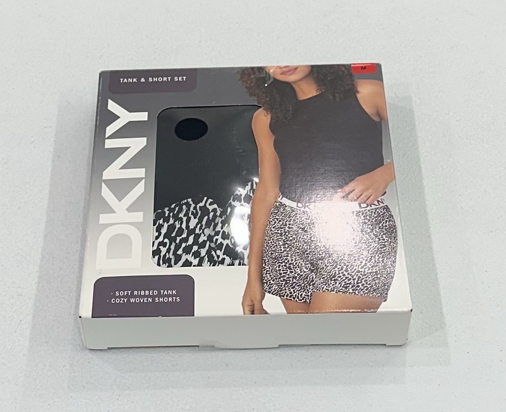 DKNY Women's Soft Ribbed Tank & Cozy Woven Short Set, Black/White, Size M