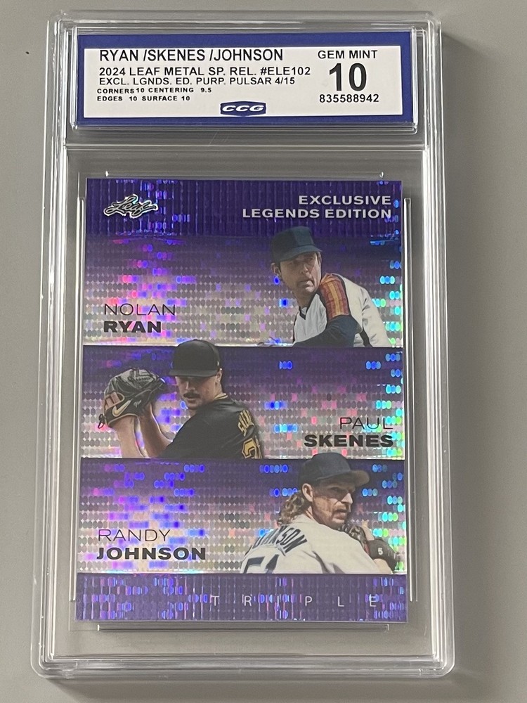 Nolan Ryan Paul Skenes Randy Johnson 2024 Leaf Metal Trio Purple /15 RC ELE102