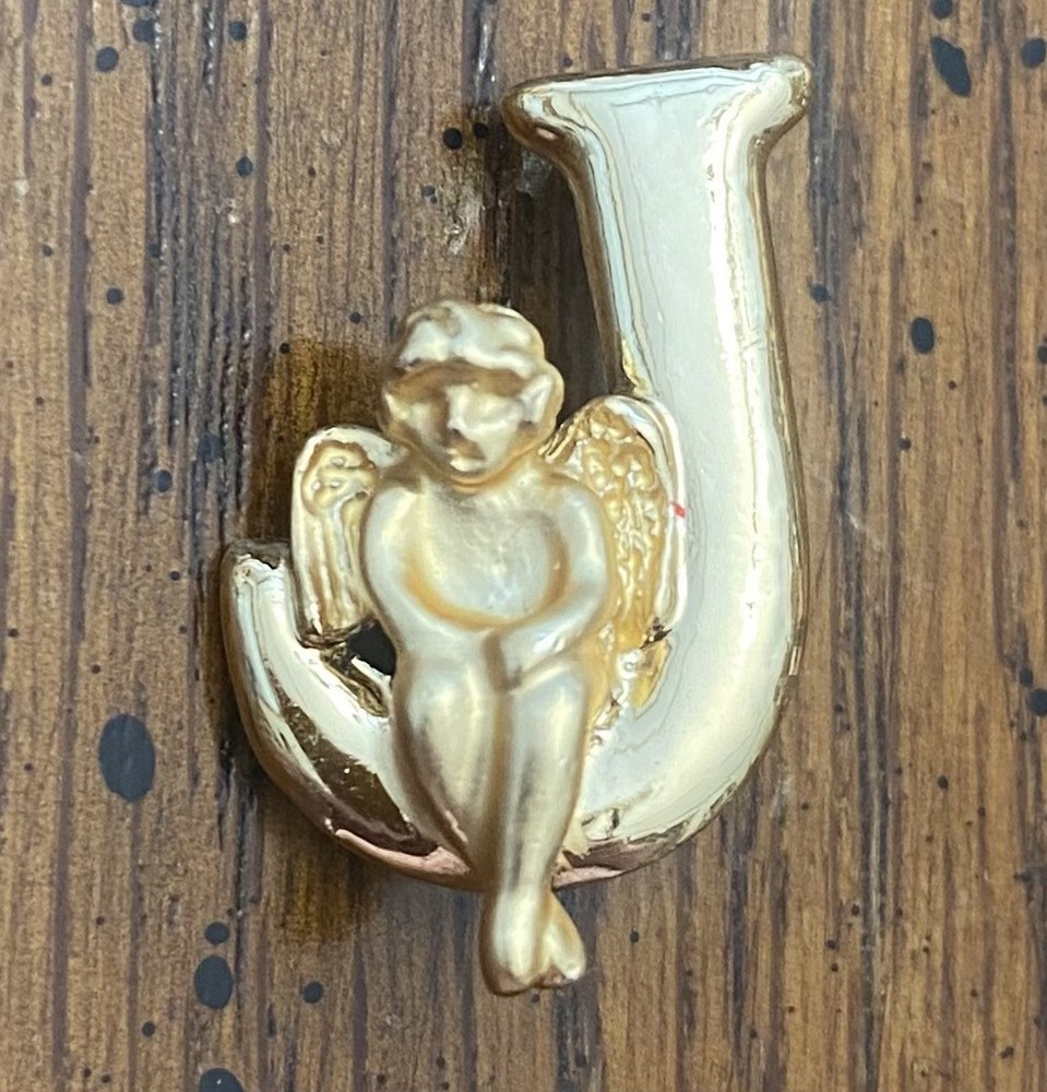 Vintage Signed Luca Razza Pin Brooch Initial J with Guardian Angel Gold Tone