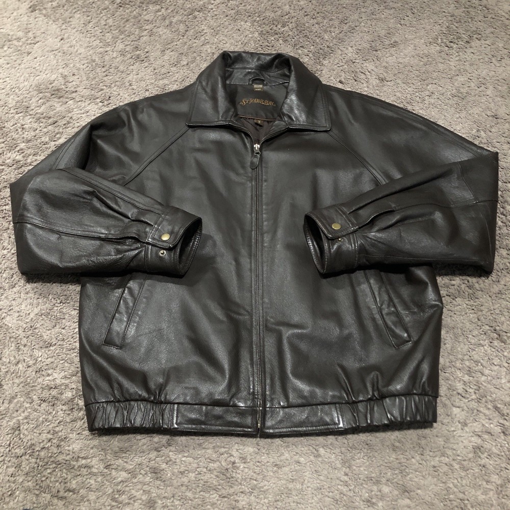 Vintage St. John’s Bay Leather Bomber Jacket Men Size L Chocolate Brown 90s Y2K