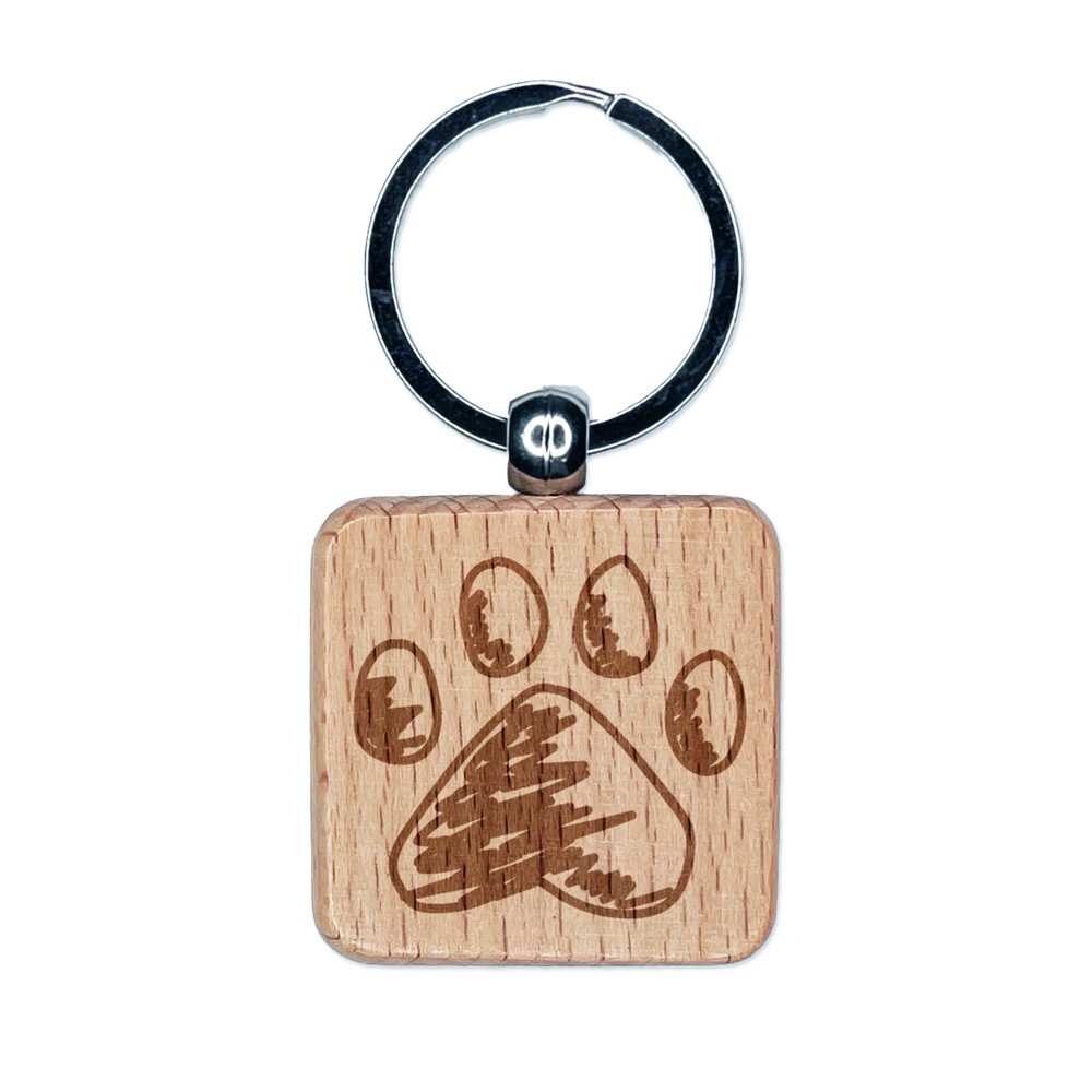 Dog Paw Sketch Engraved Wood Square Keychain Tag Charm
