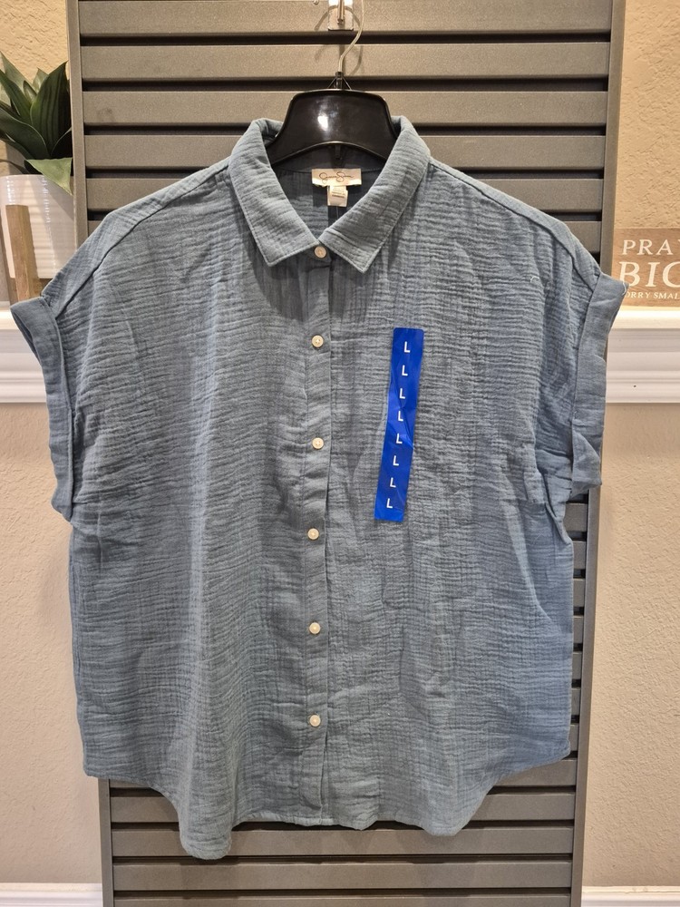 Jessica Simpson Women's Button Short Sleeves Cotton Shirt Top Large Size Blue