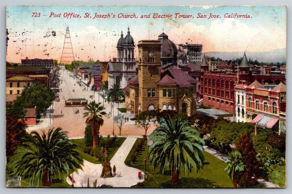 St Joseph's Church Post Office Electric Tower San Jose CA C1914 DB Postcard AB7