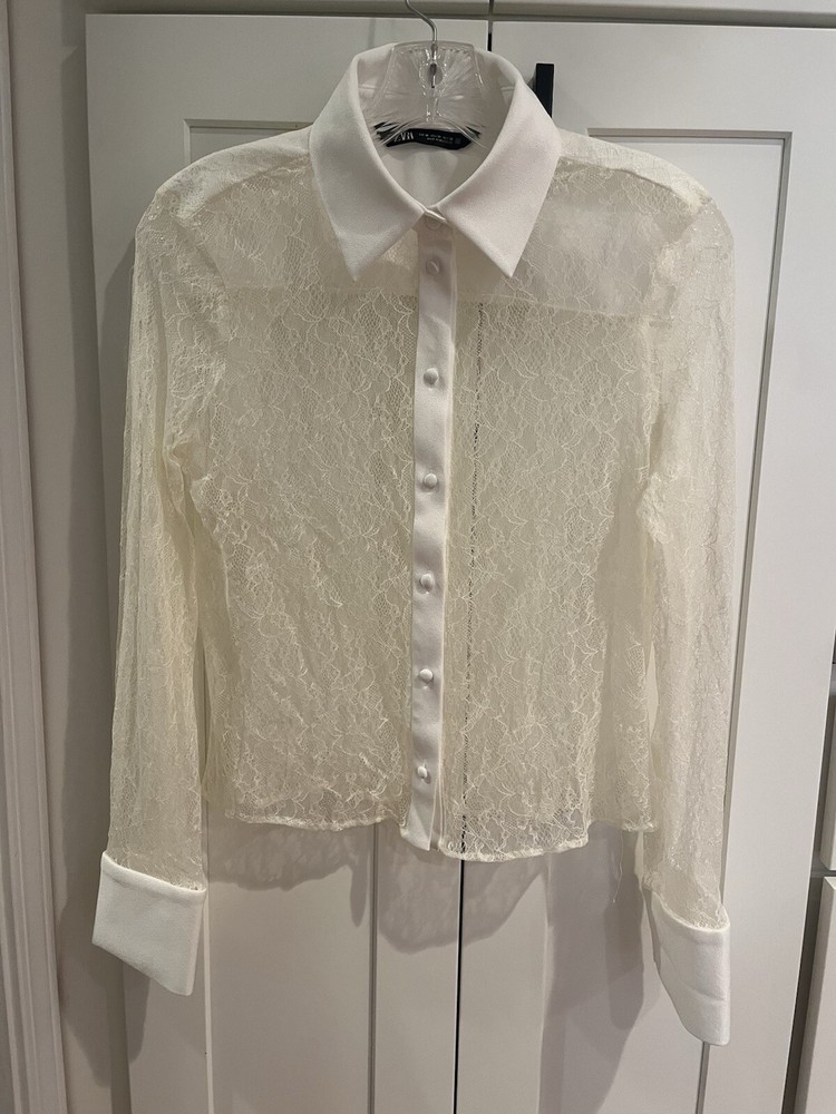 Zara sheer lace long sleeve button womens top shirt ivory white Med FITS SMALL