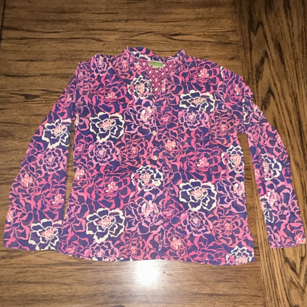 Vera Bradley Pink Purple Floral Long Sleeve Collared Button-Up Women's Blouse M