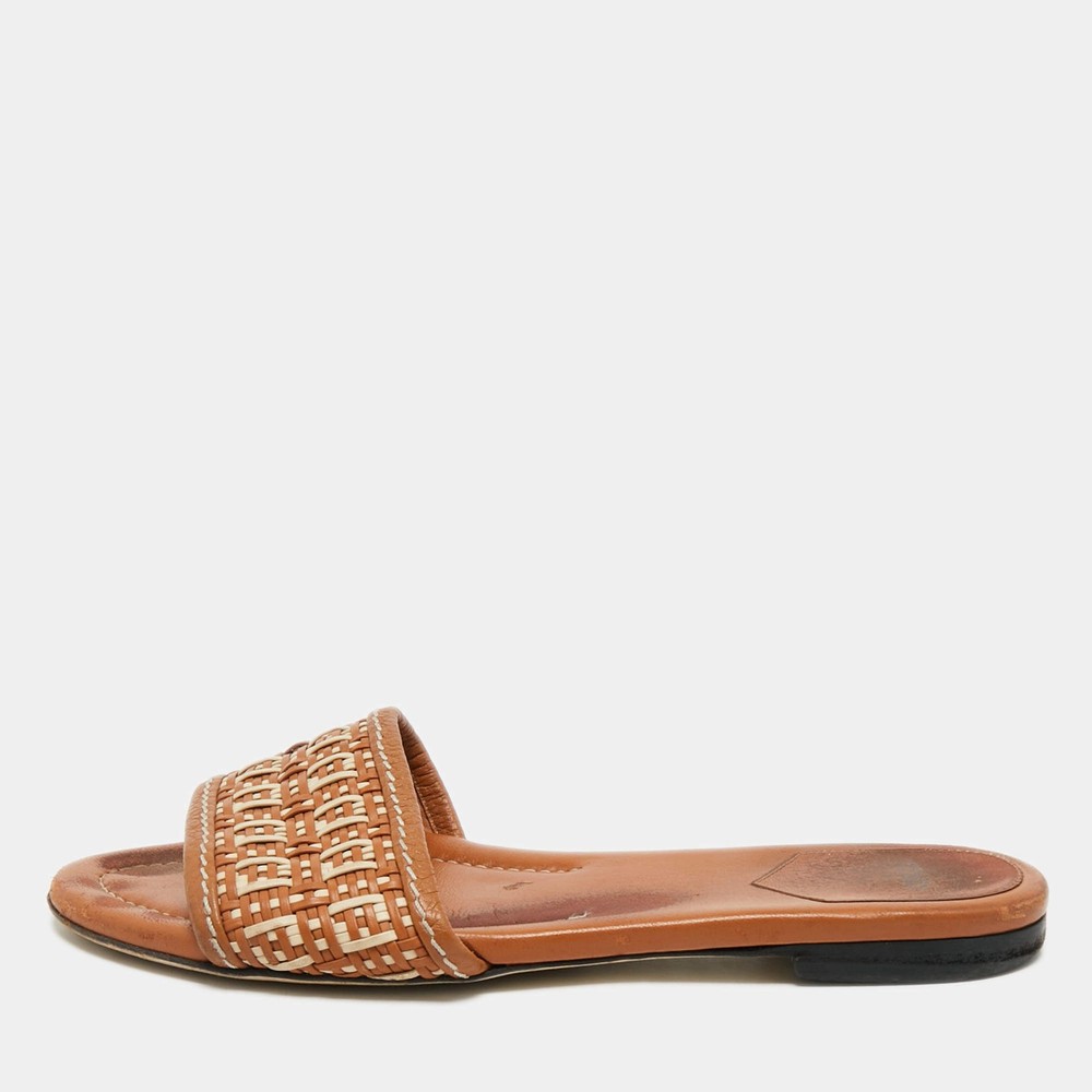 Fendi BrownWhite Leather and Woven Leather FF Flat Sandals Size 39