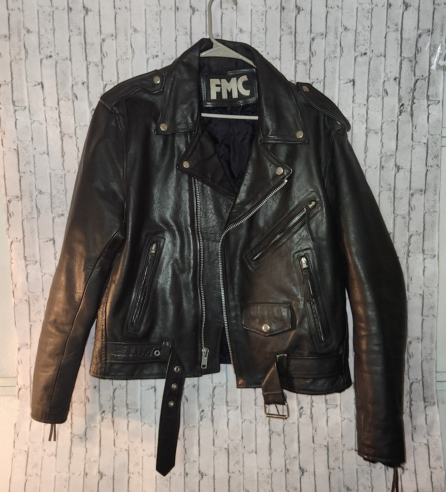 FMC Men's Leather Motorcycle Jacket Size 44 Black