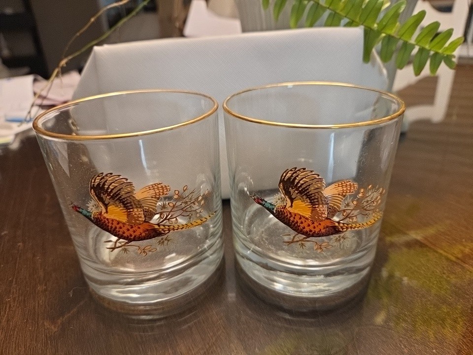 West Virginia Glass Vintage 'Pheasant in Flight' Lowball Rocks Barware-Set 2