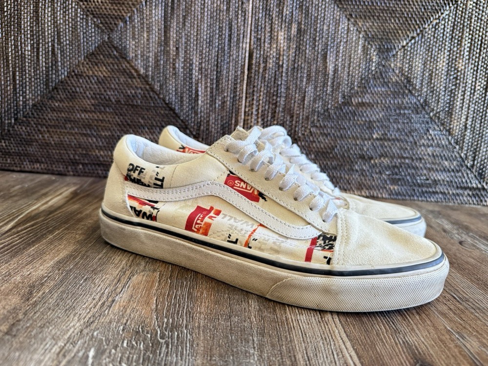 VANS Men's Logo Print Canvas Sneakers Lace Up Beige Red Black White US 7.5