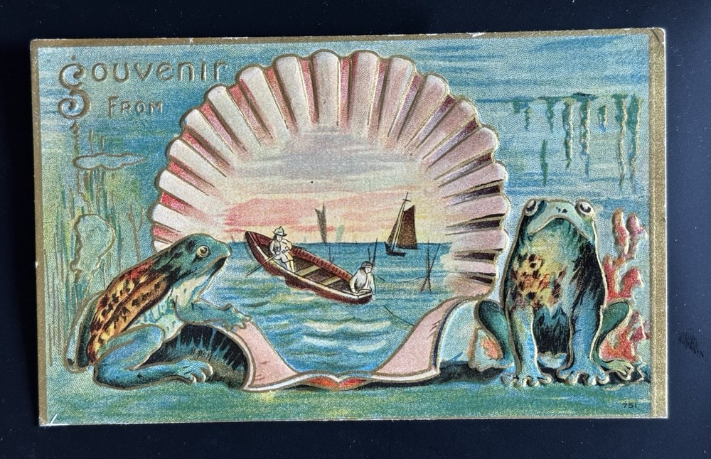 Antique Embossed Frog Souvenir From Shell Postcard 1908 Fishermen