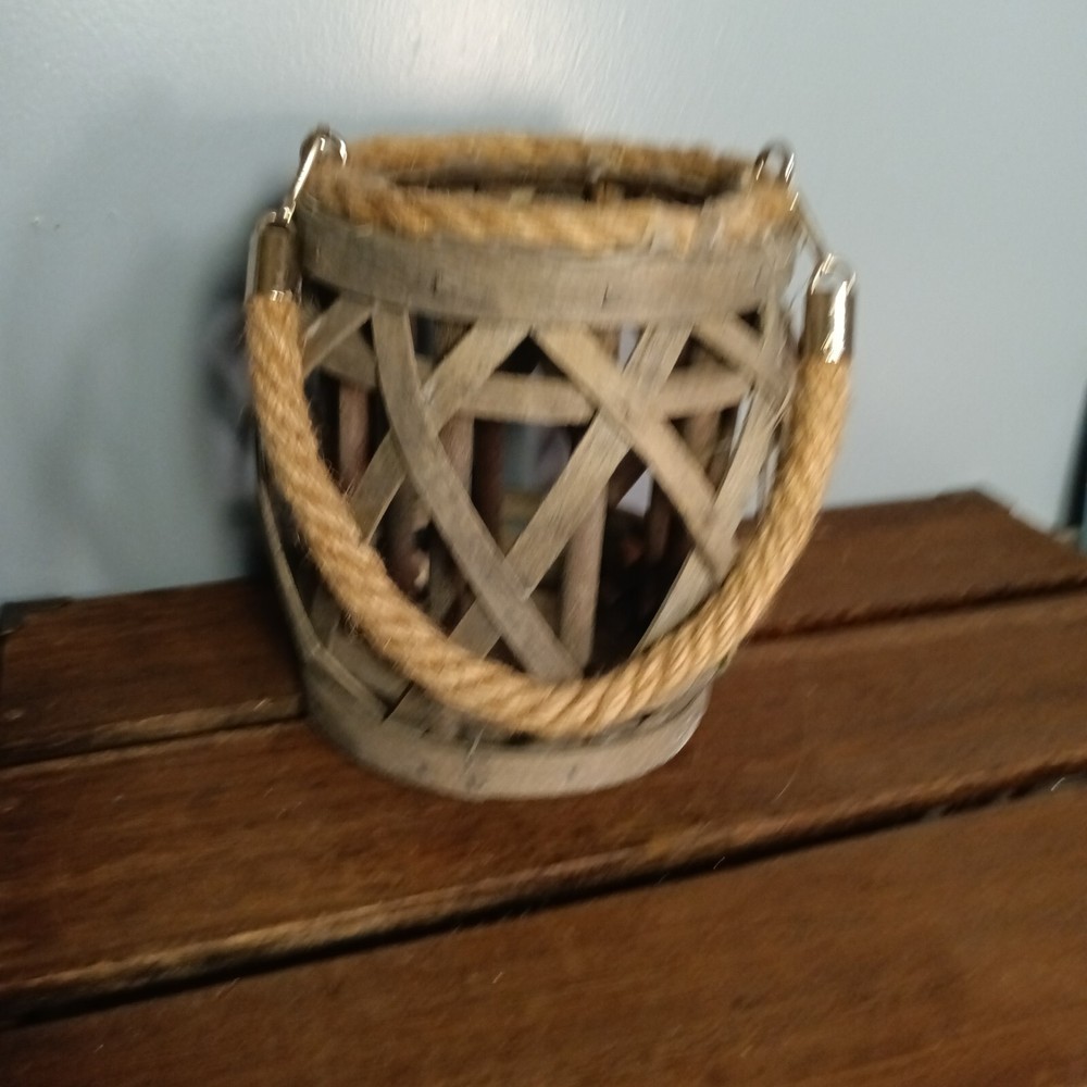 Rustic Wood Weave Cage Candle Holder Lantern, Rope Accents & Handle