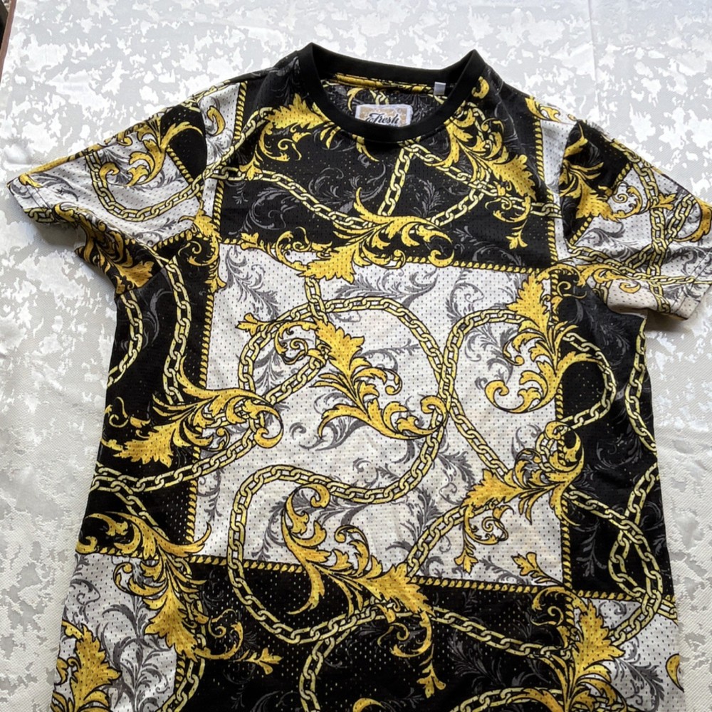 Fresh Baroque Chain Print Graphic Black Gold Men's T-Shirt Size S