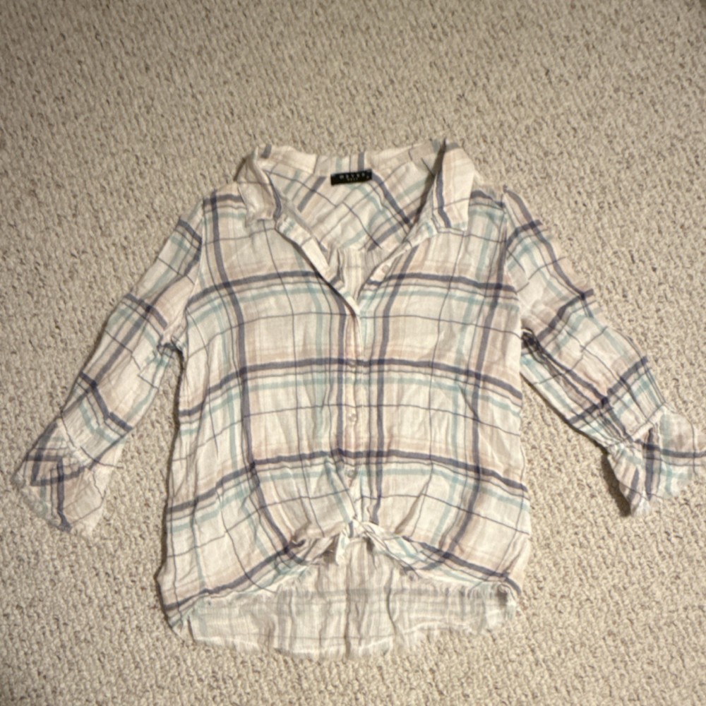 Maven West Plaid Button-Up Blouse Tie Front Frayed Hem White Blue Beige Size M