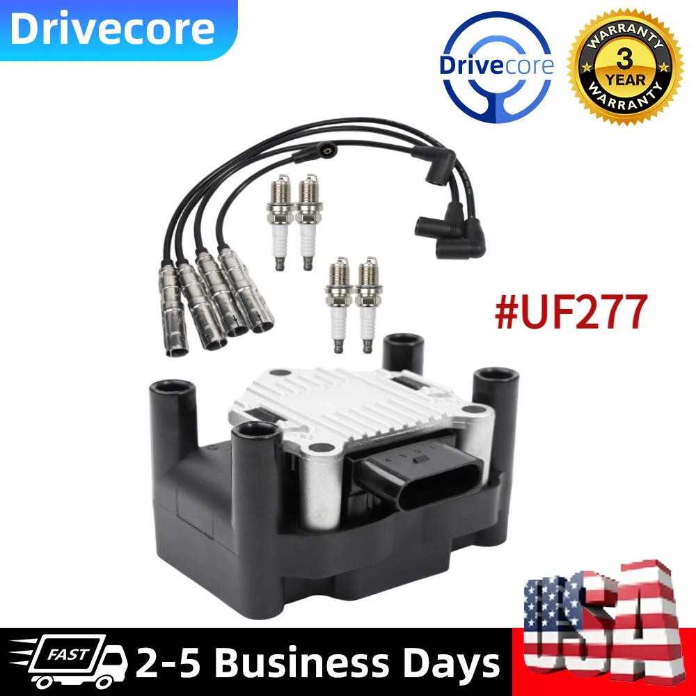 UF277 Ignition Coil +4 Spark Plug + Wire for VW 1998-2015 Seat Beetle Golf Jetta