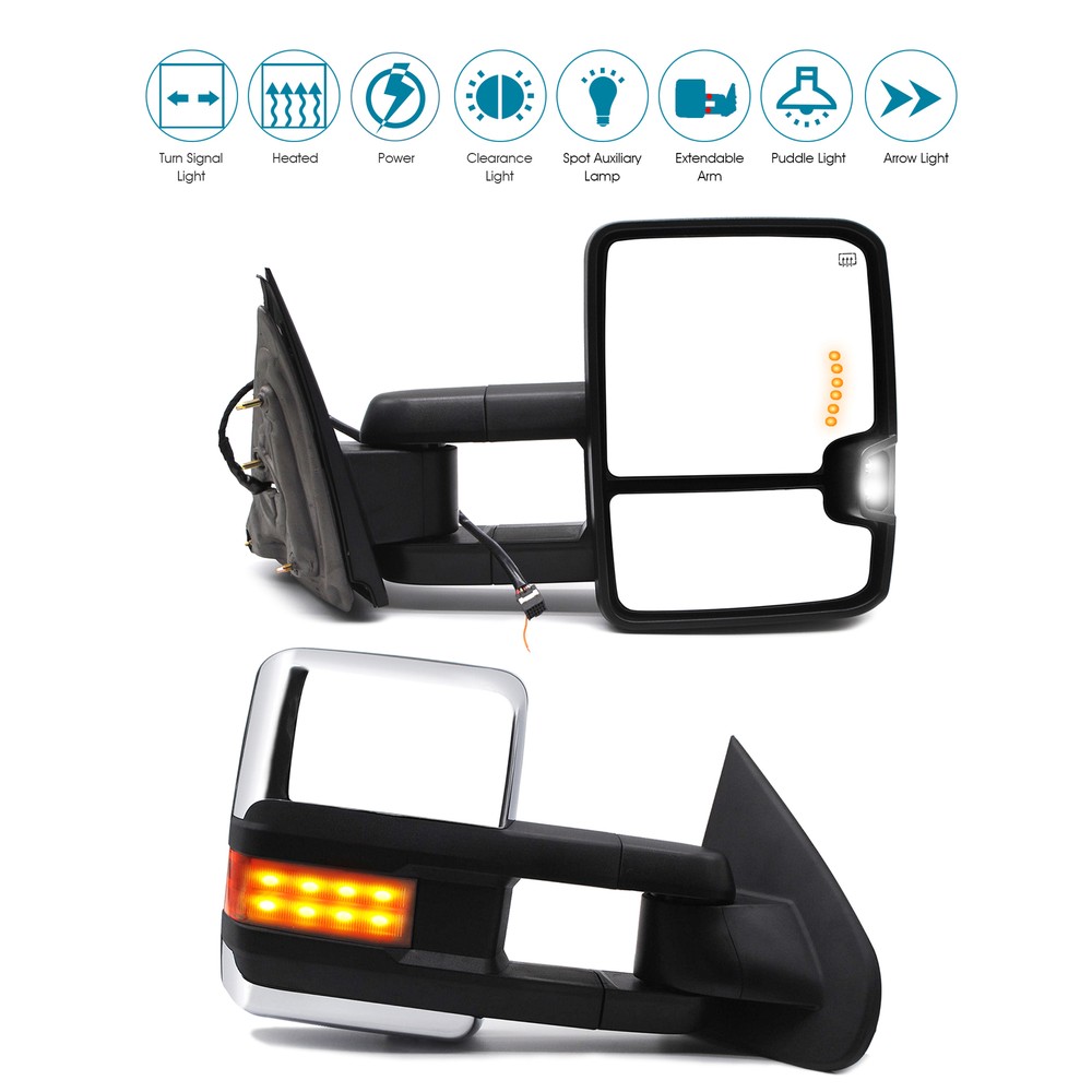 Upgrade Your Ride with Power Heated Tow Mirrors with Turn Signal - Chrome Finish, Perfect Fit for 2017 Chevy Silverado & GMC Sierra.