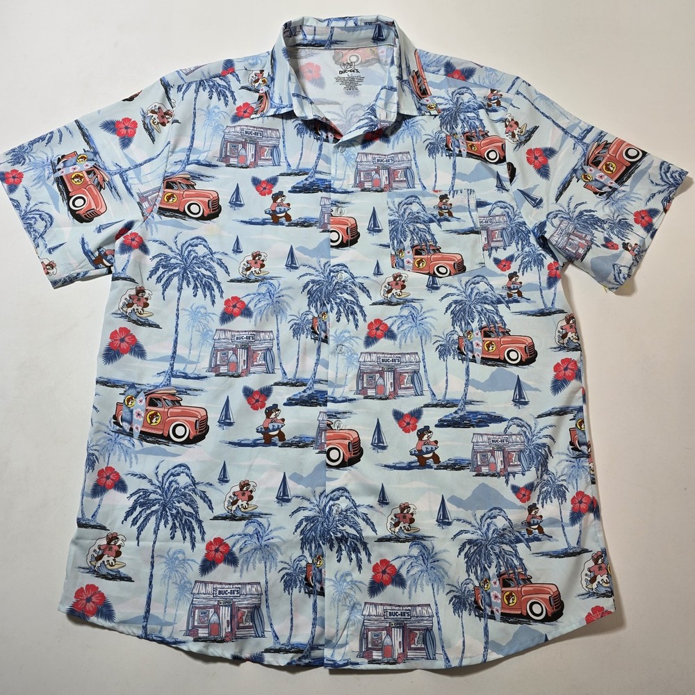 Buc-ee's Hawaiian Shirt Mens Large Blue Surf Floral Car Sail Button Up