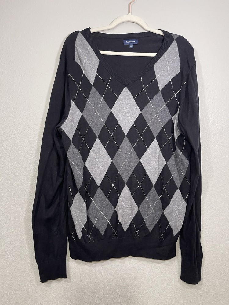Croft & Barrow Sweater Pullover Men Signature Classic Black Gray Argyle V-Neck L