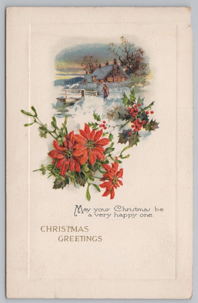 Greetings~Red Poinsettias & Home By River Christmas Greeting~Vintage Postcard