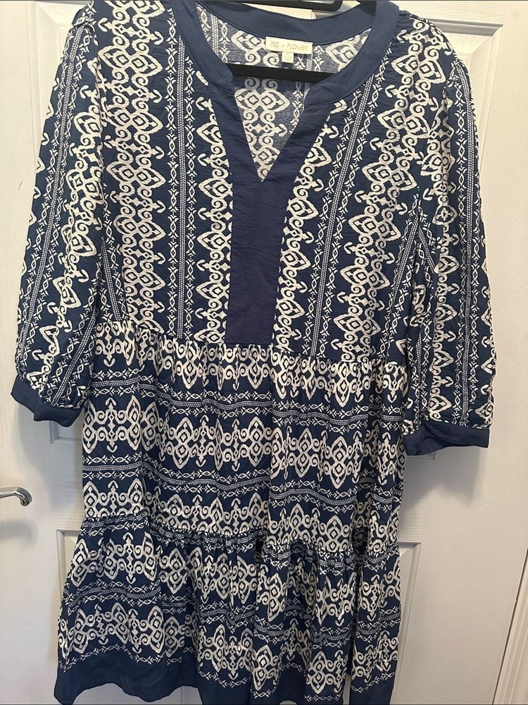 Anthropologie Fig+Flower Navy & White Printed Boho Midi Dress V-Neck Tiered XL