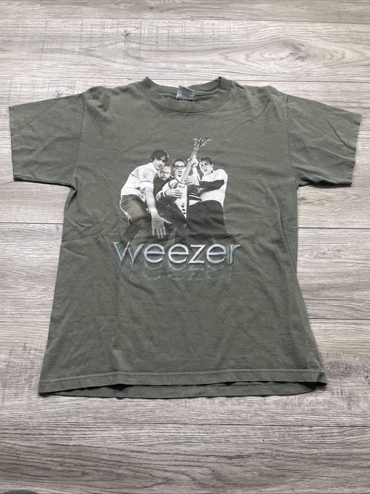 WEEZER Tee Vintage Midget Tour 2001 Tour T-Shirt Medium Green Two Sided Graphic