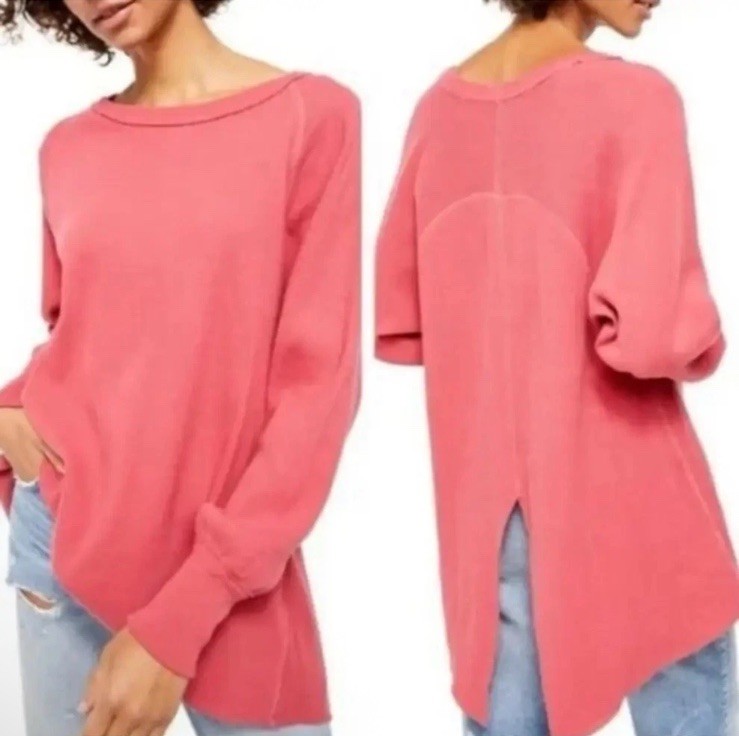 Free People We The Free Top Amelia Thermal Waffle Knit Relaxed Top Medium Pink