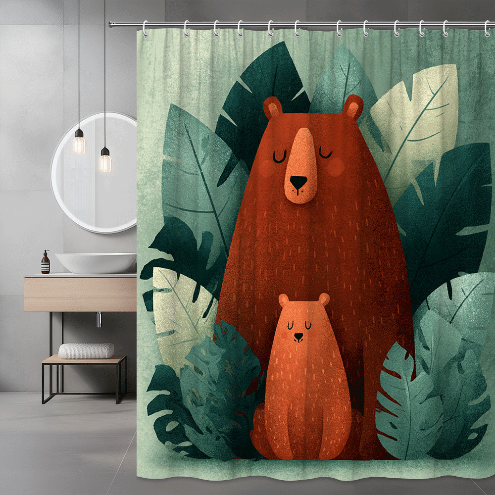 Bear and Cub Jungle Shower Curtain, Forest Animal Print