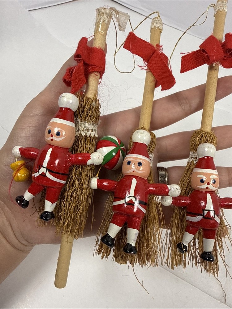 Vintage Broom Set Of 3 Santa Ornaments Christmas Wood Decoration