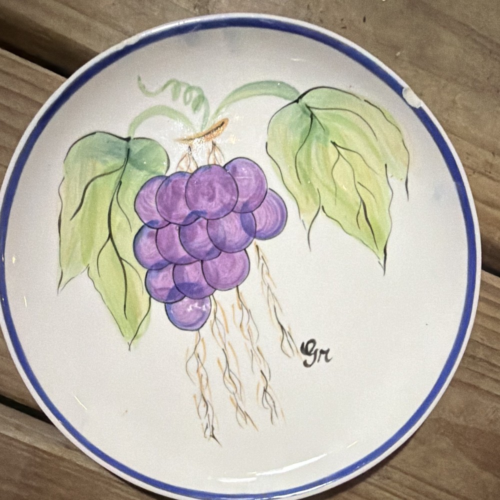 Hand Painted Grapes Ceramic Decorative Plate White Blue Rim Round Glossy